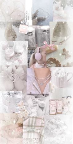 the collage shows many different items in white and pink