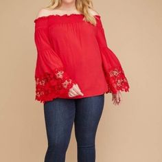 Nwt - Lane Bryant Off The Shoulder Eyelet Top 100% Rayon Red Lace Trim Tops For Spring, Crochet Bell Sleeve, Hot Pink Tops, White Long Sleeve Tee, Womens Knit Tops, Curvy Women Outfits, Eyelet Top, Curvy Plus Size, Black And White Tops