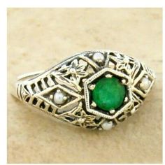 Vintage Estate Natural Emerald Filigree Ring. Freshwater Pearl Accent Stones. Floral Designs. 925 Solid Sterling Silver. The Top of The Ring Measures 3/8 Inches, 10mm In Length. Stamped 925.  Excellent Condition/Like New. Emerald Gem, Beautiful Birthday, Jewelry Beautiful, Filigree Ring, Multi Stone Ring, Natural Emerald, Multi Stone, Floral Designs, Stone Rings