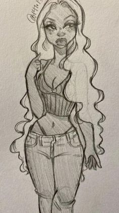 a drawing of a woman with long hair wearing jeans and a corset on her chest