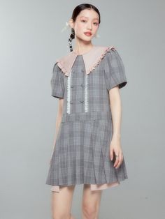 Mini Plaid Dress With Ruffles, Cotton Plaid Mini Dress, Doll Collar Mini Dress With Ruffles, Doll Collar Dress, Ganni Plaid Dress, Plaid Cotton Knee-length Mini Dress, Plaid Dress, Mens Outerwear, Collar Dress