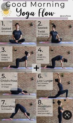 a woman doing yoga poses in front of a brick wall with the words good morning yoga flow