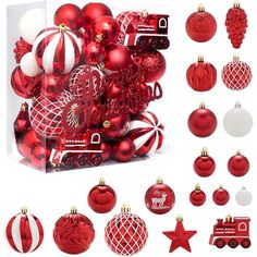 red and white christmas ornaments are in a box, including balls, ornaments