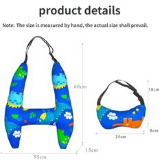 an image of a blue bag with flowers and clouds on it, next to the measurements for