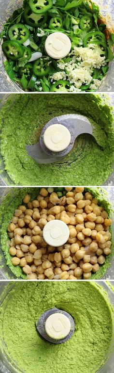 the process to make guacamole in a food processor is shown with peas and other ingredients