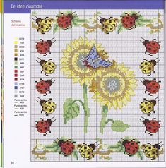 a cross stitch pattern with ladybugs and flowers on it's side, in the shape of a sunflower