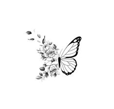 a black and white drawing of a butterfly with flowers