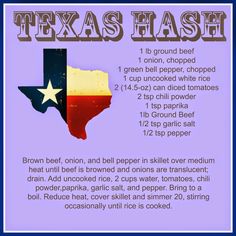 the texas hash recipe is shown in blue and white, with an image of the state's flag on it