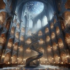 an artistic rendering of a spiral staircase in a library