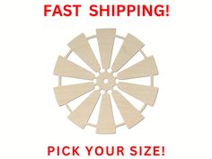 a wooden spinning wheel with the words fast shipping pick your size