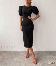 Lasaky - Winter Round Neck Short Sleeve Bodycon High Waist Puff Sleeve Dress with Hip Wrap Skirt Black Midi Dress Casual, Vintage Pencil Dress, A Line Evening Dress, White Corset, Short Sleeve Bodycon Dress, Bubble Sleeve, Sleeves Clothing, Crewneck Dress, Black Midi