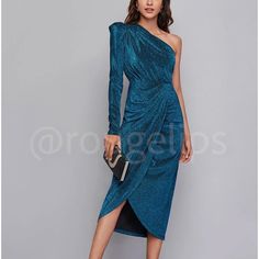 Teal Blue Lurex Sparkly Asymmetrical Draped Midi Dress One Padded Shoulder Long Sleeve Overlapping Skirt Stretchy 91% Polyester, 9% Elastane Shop Our Boutique For Styles/Events: Romantic Date Night Bride Lingerie Winter Fall Summer Spring Boho Gypsy Hippie Beachy Birthday Gift Resort Bohemian Girly Trendy Minimalist Y2k College 90s 00s 70s Vintage Wedding Guest Engagement Party Bachelorette Vacation Cruise Travel Western Aesthetic Vibe Retro Christmas Thanksgiving Holiday Chic Casual Dressy Prep One Shoulder Drape Dress, Draped Midi Dresses, Blue Party Dress, Blue Evening Dresses, Luxury Wear, Glitter Dress, Midi Cocktail Dress, Draped Dress, Maxi Dress Blue