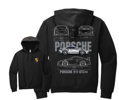 the porsche hoodie is shown in black and features an image of a sports car