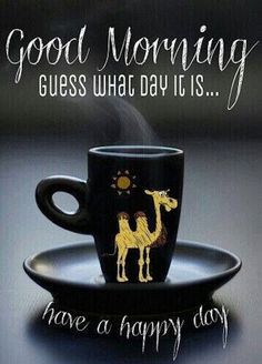 a coffee cup with a camel on it and the words good morning guess what day it is