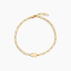 14k gold plated plated lock charm on 3.4mm medium elongated Finn chain bracelet measuring up to 7.5". Lock Charm: 9mm x 6mm x 3mm Lock Bracelet, Pearl Bangle Bracelet, Script Necklace, Bracelets With Meaning, Pearl Bangle, Lariat Necklace, Chain Earrings, Heart Bracelet, Silver Pendant Necklace