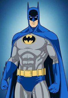 the batman animated character is standing in front of a blue background