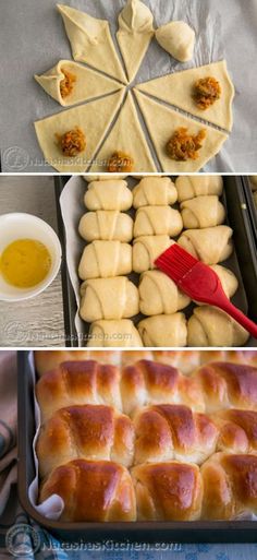 four pictures showing different types of pastries, including rolls and dipping sauces on trays