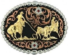 (MS60969) "Team Roper" Western Tri-Color Belt Buckle by Montana Silversmiths Montana Silversmith Buckle, Country Belts, Rodeo Belt Buckles, Team Roper, Team Roping, Western Buckles, Western Belt Buckles, Colored Stones, Western Belts