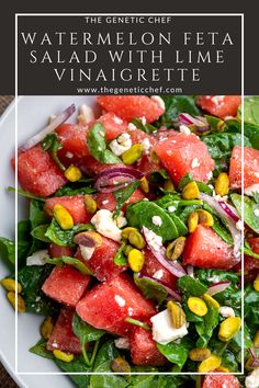 watermelon and feta salad with lime vinaigrette in a white bowl