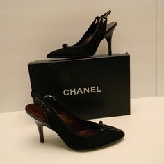 New With Box! Black Suede Dainty Slingbacks W/Patent Leather Detailing W/Cc Logo On Bar Bow, Very Sturdy, Rear Heel Height 4", Leather Interior, Comes W/ 2 Black Chanel Shoe Bags. Gorgeous! Never Got To Wear These, They Need Love! Leather Detailing, Shoe Bags, Slingbacks, Chanel Black, Cc Logo, Chanel Shoes, Need Love, Suede Heels, Leather Interior