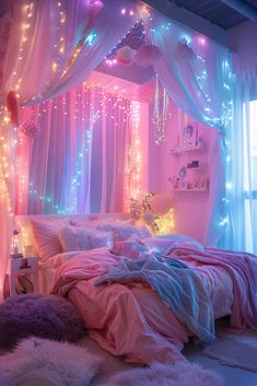 a bedroom decorated in pink and blue lights