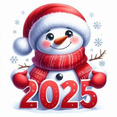 a snowman wearing a red hat and scarf with the number 2055 on it