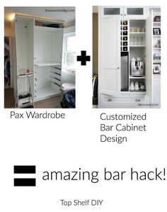 two pictures showing the different parts of an armoire cabinet and top shelf diy