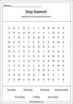 a printable worksheet for day search with the words on it and an image of