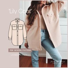 an image of a woman wearing a jacket and jeans with the words lily coat on it