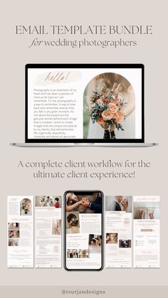 the email template bundle for wedding photographers is displayed on an iphone and laptop computer screen