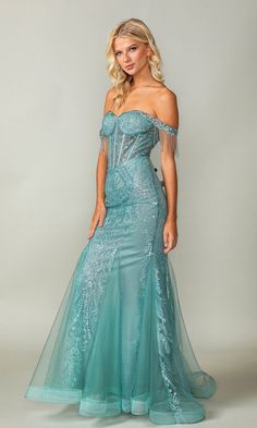 Off the shoulder fitted mermaid beaded fringe formal dress with sheer sweetheart corset bodice with lace up back Prom Dress With Fringe, Prom Dresses With Glitter, Gowns For Prom, Glitter Prom Dress, Sweetheart Corset, Printed Prom Dresses, Long Formal Dresses, Dress With Fringe, Corset Bodice