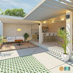 an artist's rendering of a patio and living room