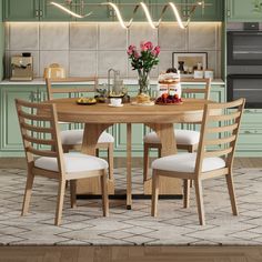 a kitchen with green walls and white chairs around a wooden dining table that has flowers on it