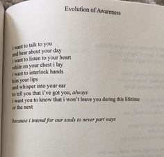 an open book with the words evolution of awareness written on it's page,