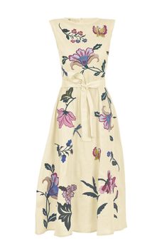 Cotton Poplin Sleeveless Midi Dress with Floral Embroidery.  Spring and Summer occasions meet their match with this crisp, classic silhouette steeped in handmade floral detail. 100% Cotton Midi Dress Sleeveless A-Line SIhoulette  Hand Embroidered all over floral detail  Tie Front Waist Belt (removable) Side Hidden Pockets Back Zipper Closure Dress Length 127 cm Made to Order Embroidery Spring, Fashion Souls, Dress With Floral Embroidery, Yellow Midi Dress, Linen Midi Dress, Sleeveless Midi Dress, Cotton Midi Dress, Pink Linen, Midi Dress Sleeveless