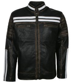 Distressed Black Leather Jacket With White Stripes Stripes Black And White, Stylish Leather Jacket, Black Biker Jacket, Quilted Sleeves, Brick Lane, Newcastle Upon Tyne, Striped Jacket