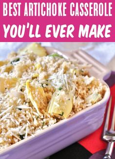 garlic parmesan artichoke casserole in a purple dish with silverware