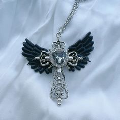 Wing Cross Necklace Fairy Core Aesthetic, Necklace Y2k, Y2k Necklace, Necklace Gothic, Y2k Jewelry, Gothic Necklace, Heart Crystal, Black Wings, Wing Necklace