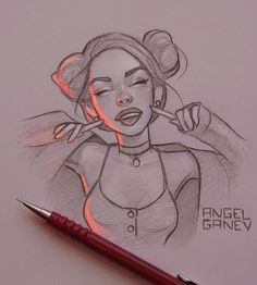 a pencil drawing of a woman brushing her hair with an orange light on the side