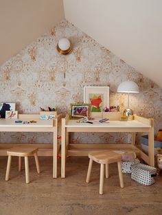 two children's desks and chairs in a room with wallpapered walls