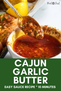 cajun garlic butter recipe in a white bowl with a spoon scooping it out