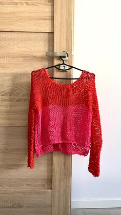 Fishnet Loose Top Pink and Red Beach Cotton Top Sloppy Knit | Etsy Poland Oversized Pink Tops For Layering, Trendy Red Sweater For Spring, Pink Cotton Crew Neck Knit Top, Red Long Sleeve Casual Knit Top, Oversized Red Summer Top, Casual Red Long Sleeve Knit Top, Summer Knitted Pink Sweater, Pink Fine Knit Tops For Spring, Pink Knit Top For Summer Day Out