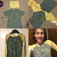 the woman is making her own t - shirt from scratch holes and old materials