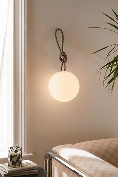 a living room scene with focus on the wall light and potted plant in the corner