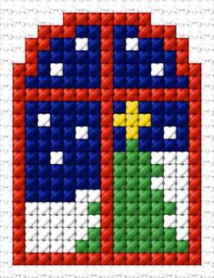 a cross stitch pattern with an image of a red, white and blue flower on it