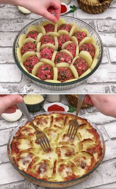 two pictures showing different types of food on plates and in pie pans with forks