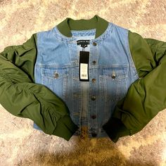 Emelia Denim-Paneled Bomber Jacket (New With Tags) Bomber Jackets, Veronica Beard, Blue Green, Bomber Jacket, Color Blue, Jackets & Coats, Jackets For Women, Sewing, Tags