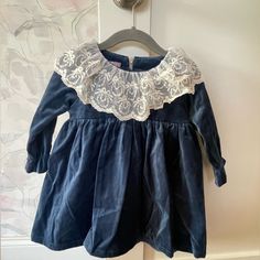 Brand: Phi Clothing Nwt Size 2t Cute Blue Dress With Lace Trim, Cute Cream Winter Dress, Cute Blue Dress With Peter Pan Collar, Velvet Dress With Lace, Blue Velvet Dress, Lace Collar, Dress With Lace, Clothing Dresses, Blue Velvet