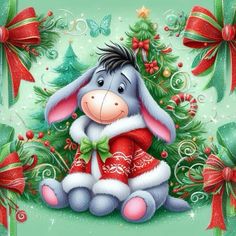 a christmas card with a cartoon bunny sitting in front of a christmas tree and presents