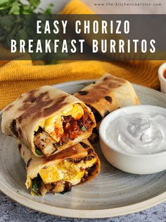 two burritos on a plate next to a bowl of ranch dressing with the text easy chorizo breakfast burritos